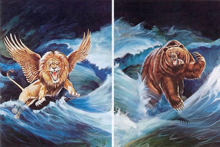 Illustrations depict the first two of four beasts that emerged from a turbulent sea in Daniel's dream of Daniel 7