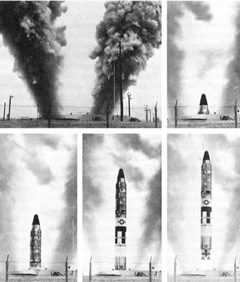 Sequence of photos showing spectacular test launching of Titan II missile